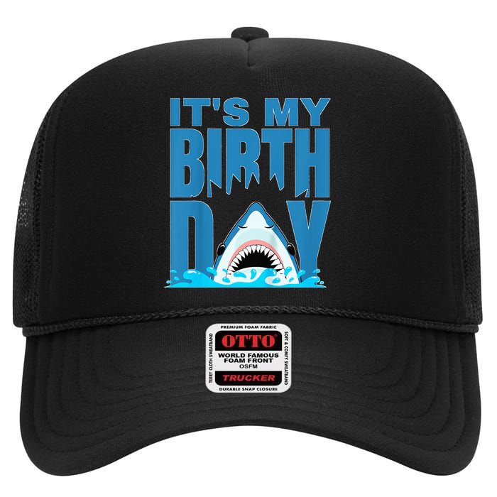 Blue Shark Birthday Shark Bite Its My Birthday High Crown Mesh Back Trucker Hat