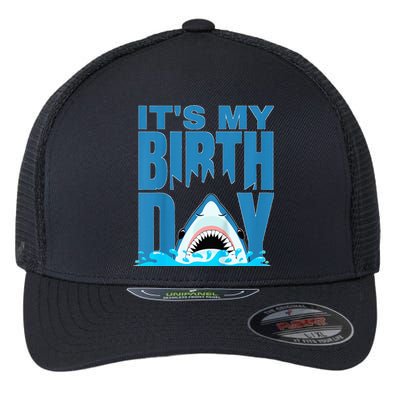 Blue Shark Birthday Shark Bite Its My Birthday Flexfit Unipanel Trucker Cap