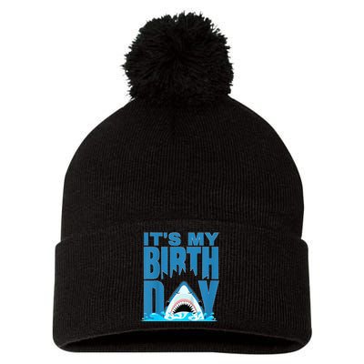 Blue Shark Birthday Shark Bite Its My Birthday Pom Pom 12in Knit Beanie