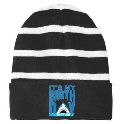 Blue Shark Birthday Shark Bite Its My Birthday Striped Beanie with Solid Band