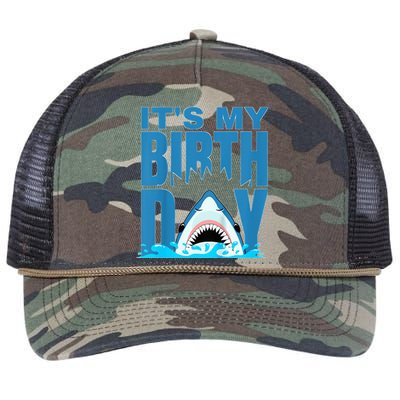 Blue Shark Birthday Shark Bite Its My Birthday Retro Rope Trucker Hat Cap