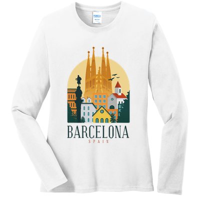 Barcelona Spain Cathedral Spanish City Souvenir Ladies Long Sleeve Shirt