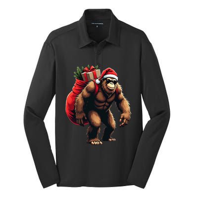 Bigfoot Santa Christmas Tree Lights Funny Xmas Sasquatch Silk Touch Performance Long Sleeve Polo