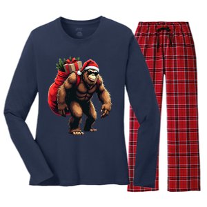 Bigfoot Santa Christmas Tree Lights Funny Xmas Sasquatch Women's Long Sleeve Flannel Pajama Set 