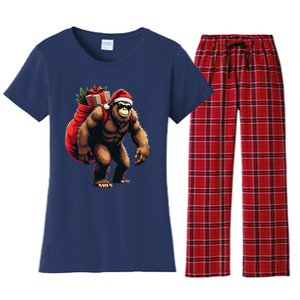 Bigfoot Santa Christmas Tree Lights Funny Xmas Sasquatch Women's Flannel Pajama Set