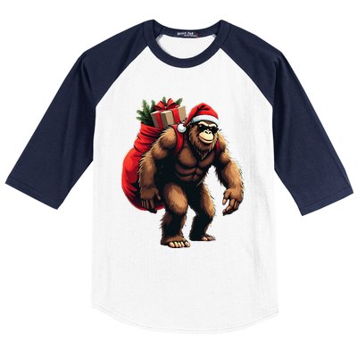 Bigfoot Santa Christmas Tree Lights Funny Xmas Sasquatch Baseball Sleeve Shirt