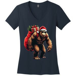 Bigfoot Santa Christmas Tree Lights Funny Xmas Sasquatch Women's V-Neck T-Shirt