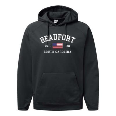 Beaufort South Carolina Us Flag Performance Fleece Hoodie