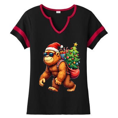 Bigfoot Santa Christmas Tree Lights Funny Xmas Sasquatch Ladies Halftime Notch Neck Tee