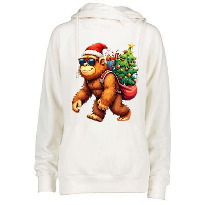 Bigfoot Santa Christmas Tree Lights Funny Xmas Sasquatch Womens Funnel Neck Pullover Hood