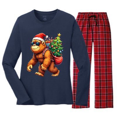 Bigfoot Santa Christmas Tree Lights Funny Xmas Sasquatch Women's Long Sleeve Flannel Pajama Set 