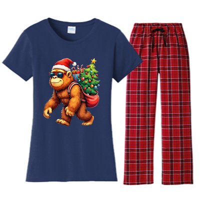 Bigfoot Santa Christmas Tree Lights Funny Xmas Sasquatch Women's Flannel Pajama Set