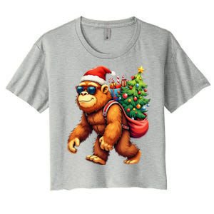 Bigfoot Santa Christmas Tree Lights Funny Xmas Sasquatch Women's Crop Top Tee