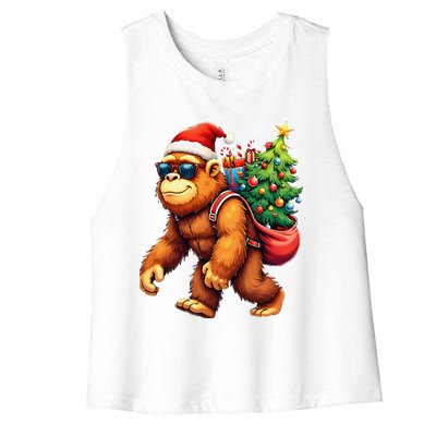 Bigfoot Santa Christmas Tree Lights Funny Xmas Sasquatch Women's Racerback Cropped Tank