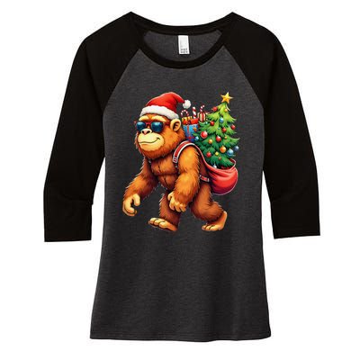 Bigfoot Santa Christmas Tree Lights Funny Xmas Sasquatch Women's Tri-Blend 3/4-Sleeve Raglan Shirt