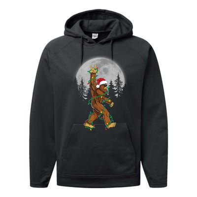 Bigfoot Santa Christmas Tree Lights Funny Xmas Sasquatch Performance Fleece Hoodie