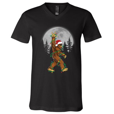 Bigfoot Santa Christmas Tree Lights Funny Xmas Sasquatch V-Neck T-Shirt