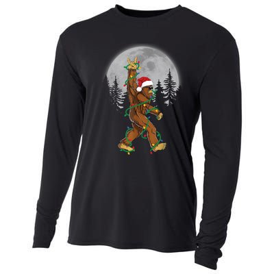 Bigfoot Santa Christmas Tree Lights Funny Xmas Sasquatch Cooling Performance Long Sleeve Crew