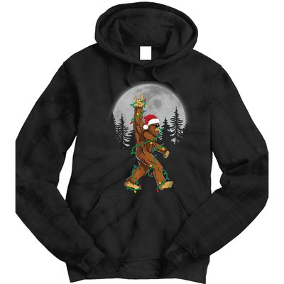 Bigfoot Santa Christmas Tree Lights Funny Xmas Sasquatch Tie Dye Hoodie