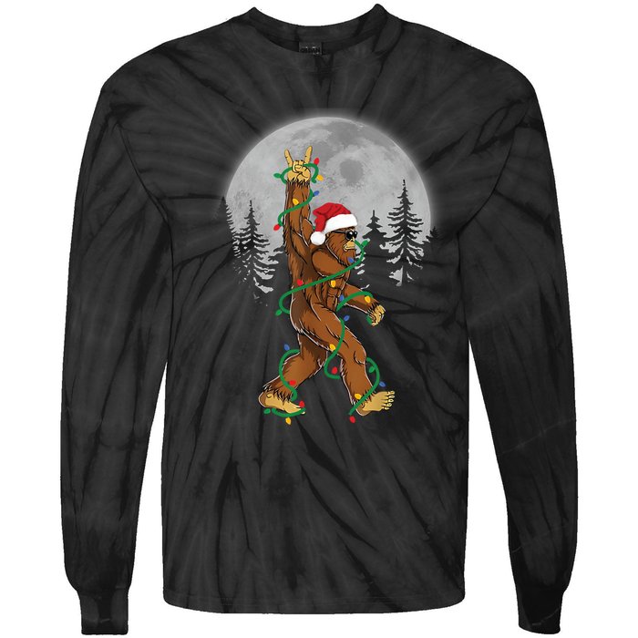 Bigfoot Santa Christmas Tree Lights Funny Xmas Sasquatch Tie-Dye Long Sleeve Shirt