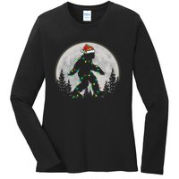 Bigfoot Santa Christmas Tree Lights Funny Xmas Sasquatch Ladies Long Sleeve Shirt