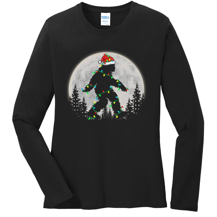 Bigfoot Santa Christmas Tree Lights Funny Xmas Sasquatch Ladies Long Sleeve Shirt