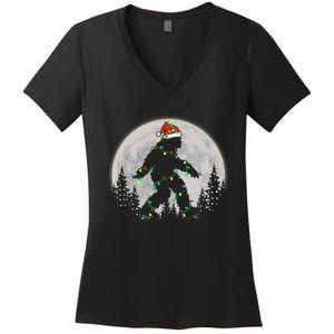 Bigfoot Santa Christmas Tree Lights Funny Xmas Sasquatch Women's V-Neck T-Shirt