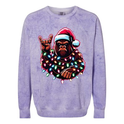 Bigfoot Santa Christmas Lights Funny Xmas Sasquatch Rock On Colorblast Crewneck Sweatshirt