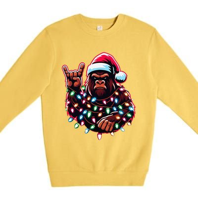 Bigfoot Santa Christmas Lights Funny Xmas Sasquatch Rock On Premium Crewneck Sweatshirt