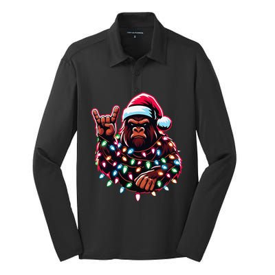 Bigfoot Santa Christmas Lights Funny Xmas Sasquatch Rock On Silk Touch Performance Long Sleeve Polo