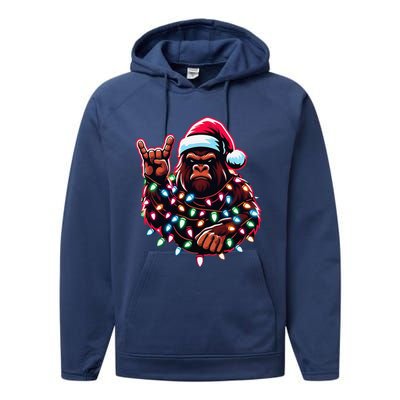 Bigfoot Santa Christmas Lights Funny Xmas Sasquatch Rock On Performance Fleece Hoodie