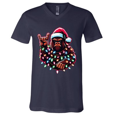 Bigfoot Santa Christmas Lights Funny Xmas Sasquatch Rock On V-Neck T-Shirt