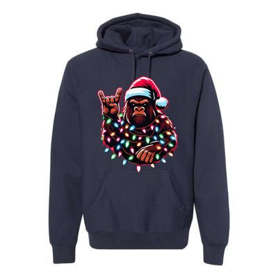 Bigfoot Santa Christmas Lights Funny Xmas Sasquatch Rock On Premium Hoodie