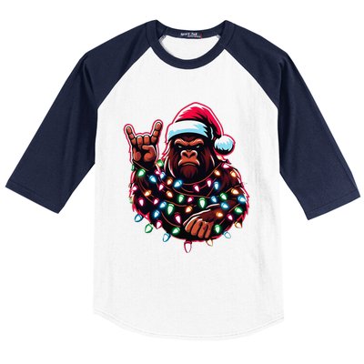 Bigfoot Santa Christmas Lights Funny Xmas Sasquatch Rock On Baseball Sleeve Shirt