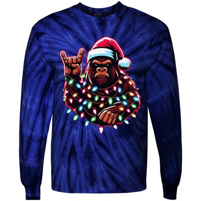 Bigfoot Santa Christmas Lights Funny Xmas Sasquatch Rock On Tie-Dye Long Sleeve Shirt