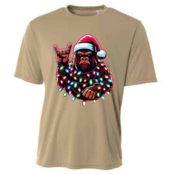 Bigfoot Santa Christmas Lights Funny Xmas Sasquatch Rock On Cooling Performance Crew T-Shirt