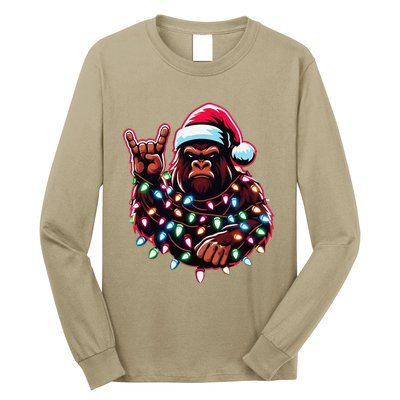 Bigfoot Santa Christmas Lights Funny Xmas Sasquatch Rock On Long Sleeve Shirt