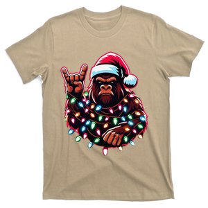 Bigfoot Santa Christmas Lights Funny Xmas Sasquatch Rock On T-Shirt