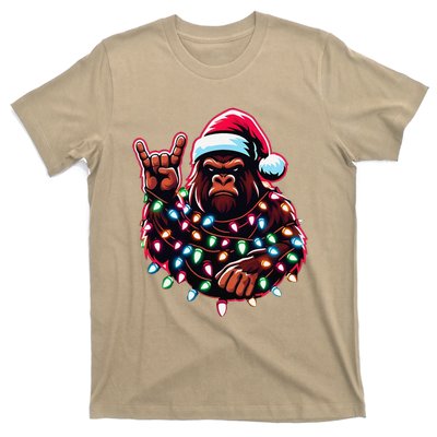 Bigfoot Santa Christmas Lights Funny Xmas Sasquatch Rock On T-Shirt