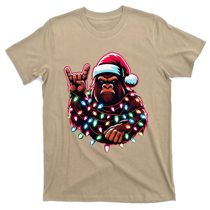 Bigfoot Santa Christmas Lights Funny Xmas Sasquatch Rock On T-Shirt