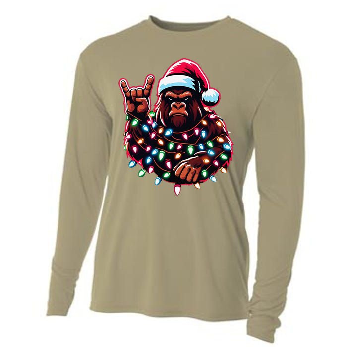 Bigfoot Santa Christmas Lights Funny Xmas Sasquatch Rock On Cooling Performance Long Sleeve Crew