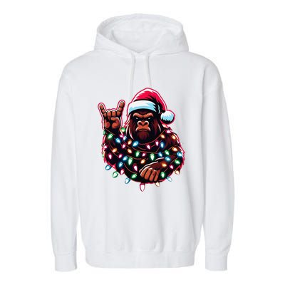 Bigfoot Santa Christmas Lights Funny Xmas Sasquatch Rock On Garment-Dyed Fleece Hoodie