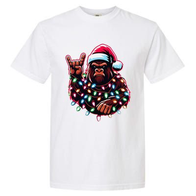 Bigfoot Santa Christmas Lights Funny Xmas Sasquatch Rock On Garment-Dyed Heavyweight T-Shirt