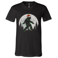 Bigfoot Santa Christmas Tree Lights Xmas Sasquatch V-Neck T-Shirt