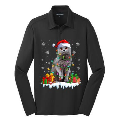 British Shorthair Cat Xmas Light Christmas Kitten Lover Funny Gift Silk Touch Performance Long Sleeve Polo