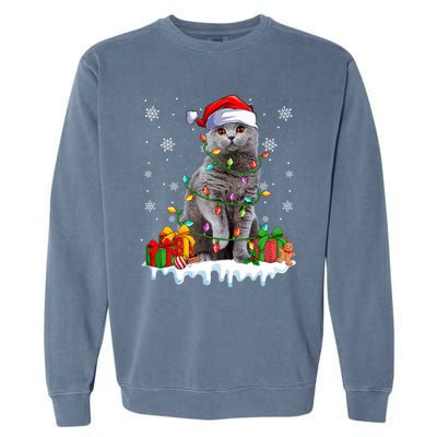 British Shorthair Cat Xmas Light Christmas Kitten Lover Funny Gift Garment-Dyed Sweatshirt