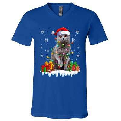 British Shorthair Cat Xmas Light Christmas Kitten Lover Funny Gift V-Neck T-Shirt