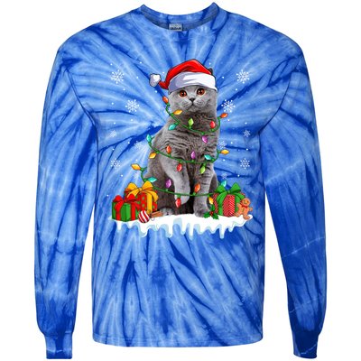 British Shorthair Cat Xmas Light Christmas Kitten Lover Funny Gift Tie-Dye Long Sleeve Shirt