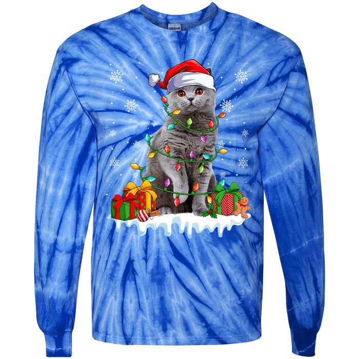 British Shorthair Cat Xmas Light Christmas Kitten Lover Funny Gift Tie-Dye Long Sleeve Shirt