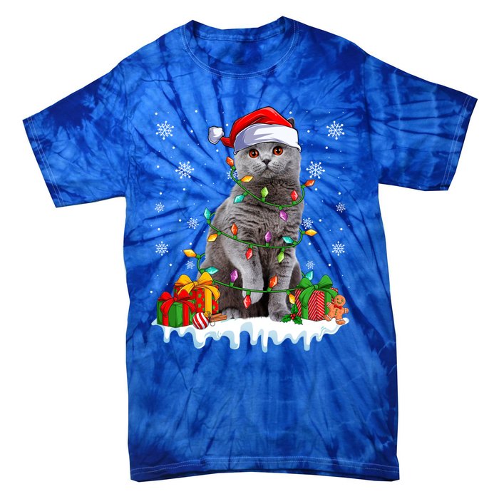 British Shorthair Cat Xmas Light Christmas Kitten Lover Funny Gift Tie-Dye T-Shirt